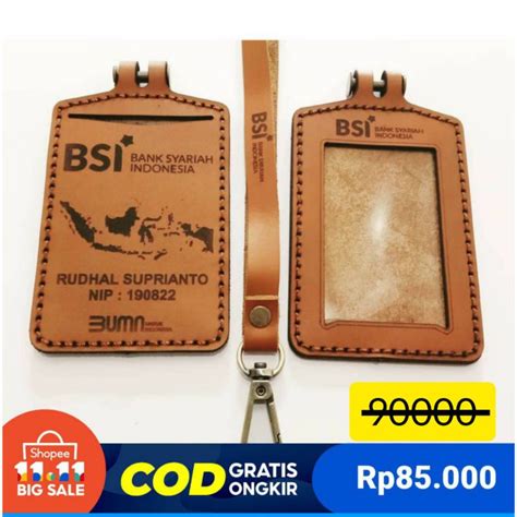 Jual ID CARD HOLDER KULIT CUSTOM NAME TAG ID CARD LOGO BSI