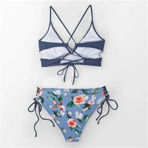 Free Shipping Women Boho V Neck Sexy Blue And Floral Lace Up Bikini Two Pieces Sets Jkp