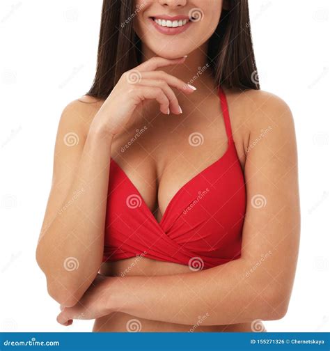 Mujer Atractiva Bonita Con El Cuerpo Delgado En Bikini Rojo Elegante En El Fondo Blanco Foto De