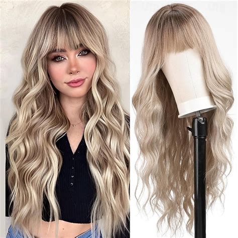 Ombre Dirty Blonde Wigs With BangsAsh Blonde Long Wavy Wig For WomenLong Curly Synthetic Hair