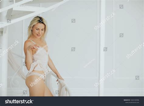 Blonde Woman Posing White Lingerie Girl Stock Photo 1026103396 Shutterstock