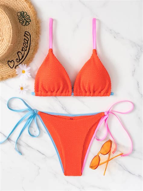 Ba Ador Bikini Con Tanga Tri Ngulo Ne N Naranja Unido En Contraste