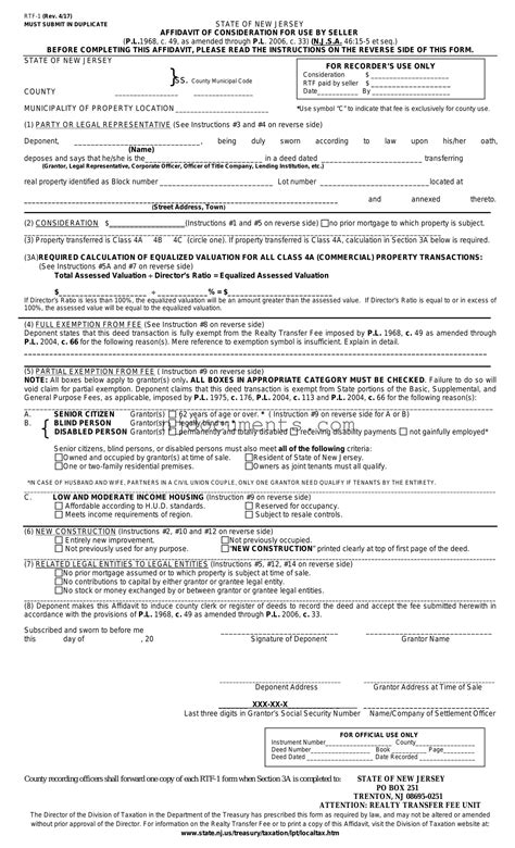 Free New Jersey Affidavit of Consideration RTF-1 Template > Fillable Form