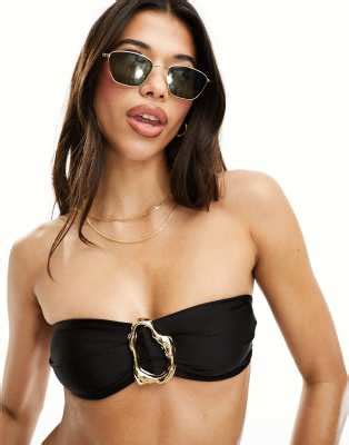 ASOS DESIGN Top Bikini A Fascia Elegante Nero Con Dettaglio In Metallo Color Oro ASOS