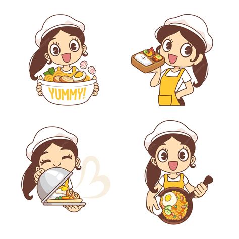 Набор мультяшный повар с едой | Премиум векторы