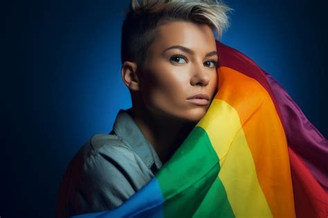Foto Expresiva Del Orgullo De Una Mujer Gay Con Una Bandera Del Arco Iris Papel Tapiz De Fondo