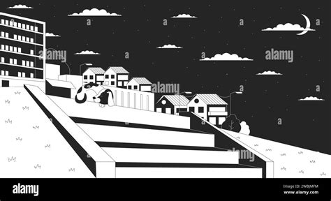 Sleeping dog on hillside stairs cityscape outline 2D cartoon background ...