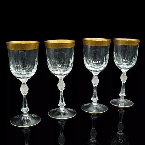 Set Of 4 Antique Wine Glasses French Gilt Decorative Stem Glass Art Deco In Antique Wine