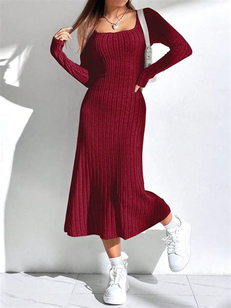 Shein Ezwear Vestido Midi Vermelho Decote Quadrado E Canelado Em