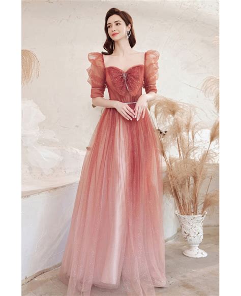 Romantic Ombre Red Tulle Aline Prom Dress With Square Neck Bubble