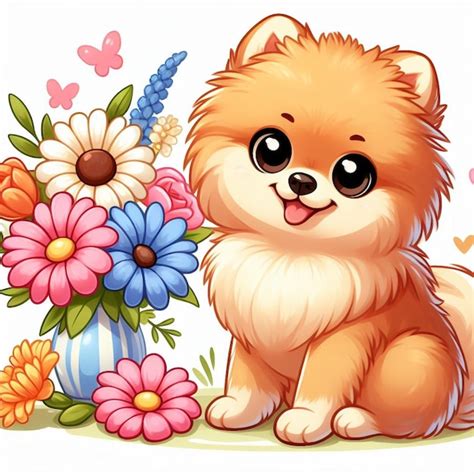 Le Mignon Chien De Pom Ranie Et Les Fleurs Illustration De Dessin Anim