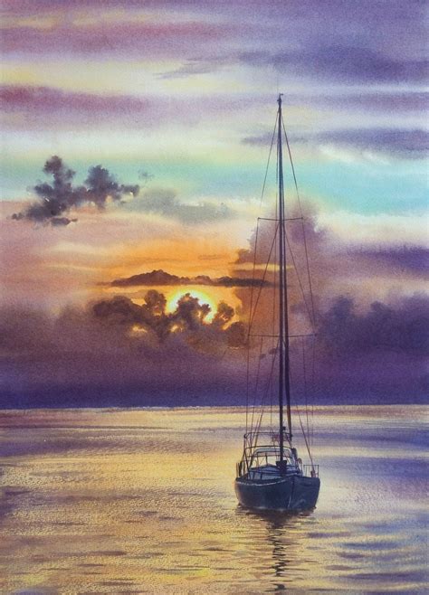 Sailboat Yacht Art Seascape Sea And Sky Yacht Sunset