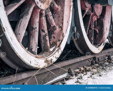 Close Up With Train Wheels On Track Wheels Of A Train On The Railway