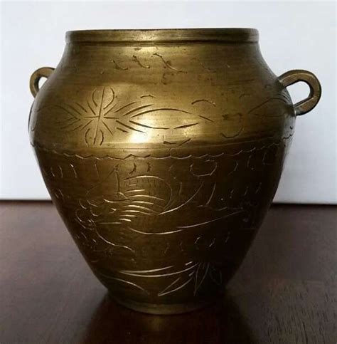 Vintage Brass Urn Style Hanging Pot Antique Chinese Metalware Engraved Hanging Pots