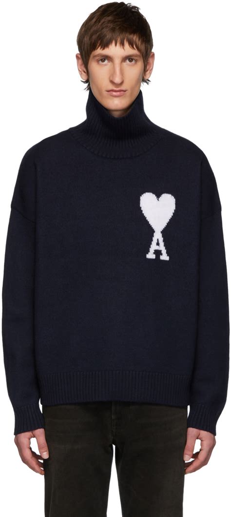 AMI Alexandre Mattiussi Navy Ami De Coeur Turtleneck SSENSE UK