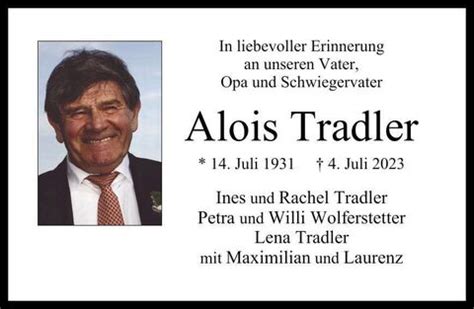 Trauer Tradler Alois NR Anzeigen Traunsteiner Tagblatt