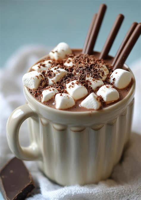 Warm Hot Chocolate With Marshmallows And Chocolate Sticks In A Cozy Winter Setting