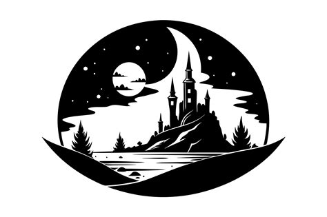 Black And White Moon Landscape Clipart Graphic By Mk Graphics Store