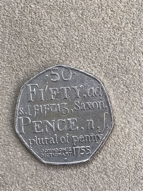 Rare Johnson Dictionary P Fifty Pence Coin Saxon Plural Of