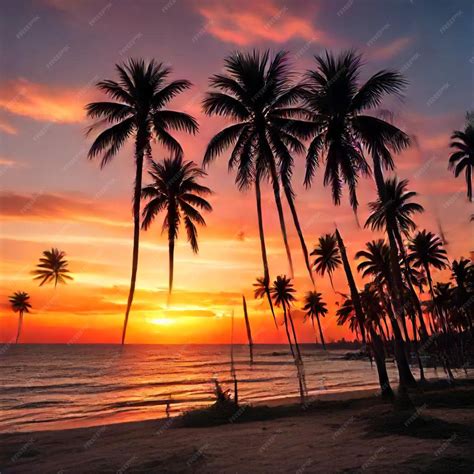 A Sunset With Palm Trees On The Beach And A Sunset In The Background