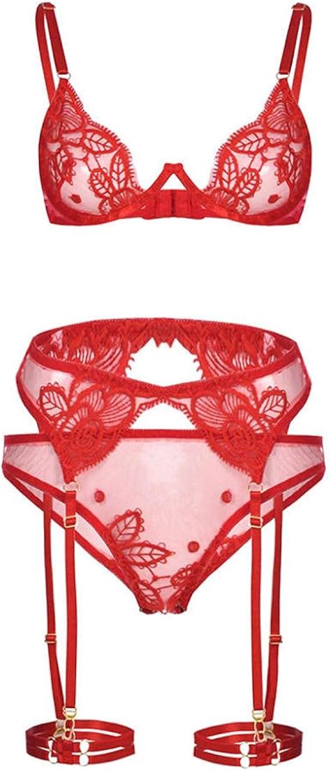 Amazon Women Lace Lingerie Women Sexy Lingerie Set Mesh Bra Garter And Briefs Sleepwear