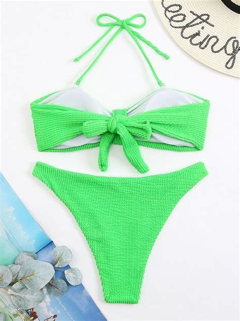 Emmiol Free Shipping 2024 Smocked Halter Bandeau Bikini Set Green M In