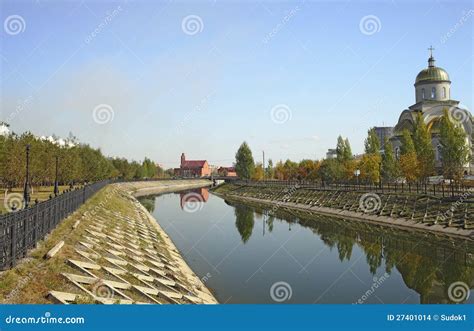 astana embankment  ishim river stock photo image  cupola light