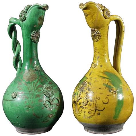 Ewers Jugs Vases Terracotta Glazed Pair Canakkale Ottoman Green Ochre Gilded For Sale At 1stdibs