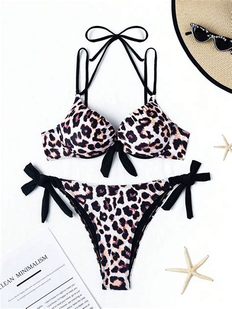 SHEIN Swim Vcay Women S Random Printed Leopard Print Bikini Set With Underwire Tied Knot At