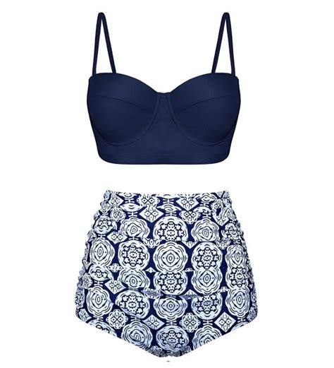Women Retro Vintage Swimsuits High Waisted Bikini Summer Bathing Suits Navy C Qeo