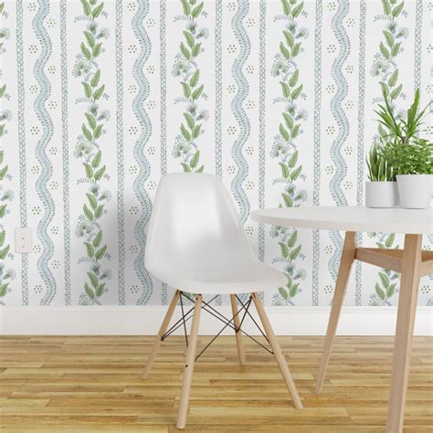 Pre Pasted Wallpaper 2ft Wide Soft Blue Greens White Stripe Green Floral Dots Traditional Custom