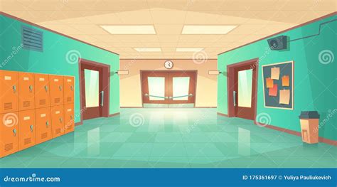 School Hallway Interior With Doors And Lockers Cartoon Vector ...