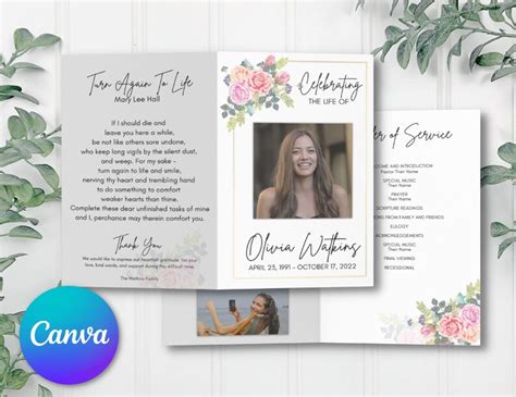 Editable Funeral Program Template Instant Printable Download Memorial