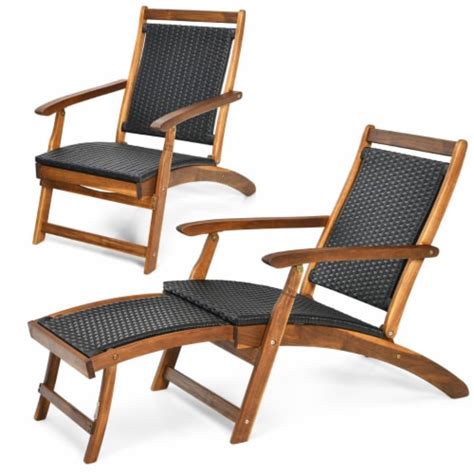 Set Of Folding Patio Acacia Wood Deck Chair Rattan Chaise Lounge