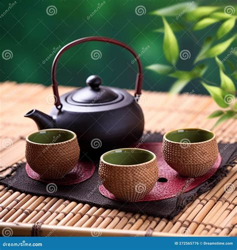 Asian Tea Set Japanese Teapot And Cups On Bamboo Mat Generative Ai Hot Tea In Pot And Teacups