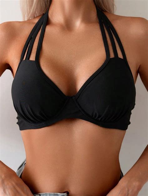 Swim SXY Women S Solid Color Simple Daily Halter Neck Bikini Top Summer Beach SHEIN USA