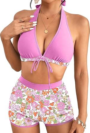 Amazon Herseas Women S Bikini Sets Piece Tropical Print Swimsuit Halter Top Boy Short