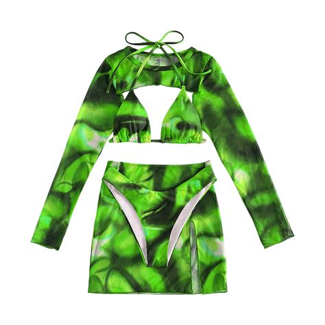 GWAABD Swimsuits Women 4 Piece Bikini Sets Split Swimsuit Tie Dyed Printed Mesh Skirt Halter