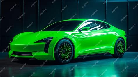 Premium Ai Image A Green Tesla Model 3 Car Is In A Dark Room