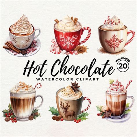 Watercolor Hot Chocolate Clipart Hot Cocoa PNG Card Making Printing Christmas Collage Images