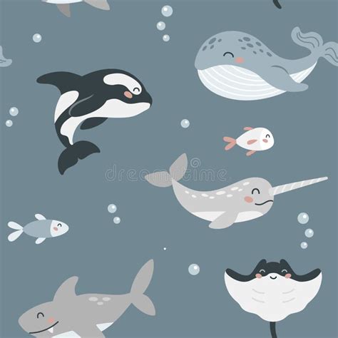 Seamless Pattern With Cute Cartoon Sea Animal On Dark Blue Background