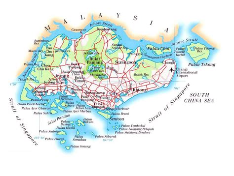Large Physical Map Of Singapore With Roads And Airpor