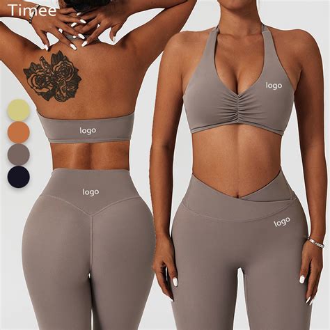 Womens Elastic Nude Feeling Halter Neck Bra Running Leggings Set