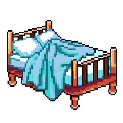 retro pixel art bed  wooden frame  blue blanket cozy bedding