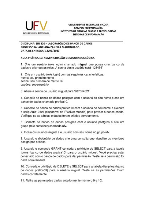 Roteiro Pratica Aadada Universidade Federal De Viosa Campus Rio