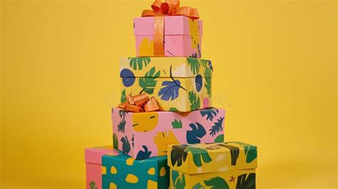 A Stack Of Birthday Presents With Cheerful Wrapping Paper And Bows