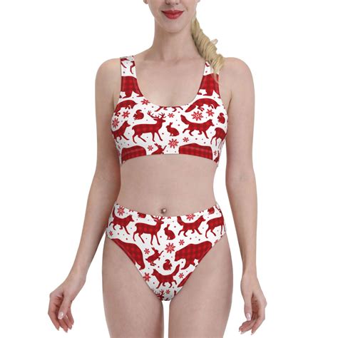 Logiee Red Plaid Moose Bunny Bear Print Women S Piece Bikini Set Halter Bathing Suit High