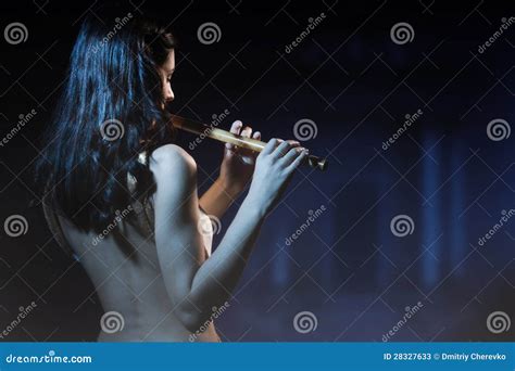 Sensuality Brunette Plays A Wooden Flute Stock Image Image Of Hair