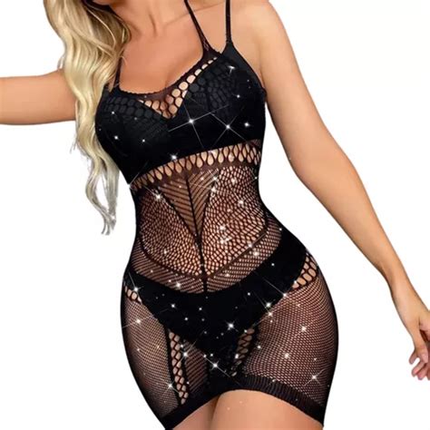 Lingerie Mini Vestido Alças Arrastão Strass Sensual Luxo Frete grátis