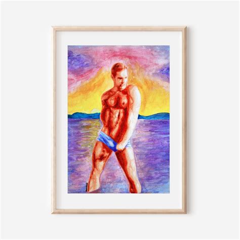 Muscular Man Sunset Gay Wall Art Nude Male Erotic Print Lgbtq Handmade Decor With Custom Gift